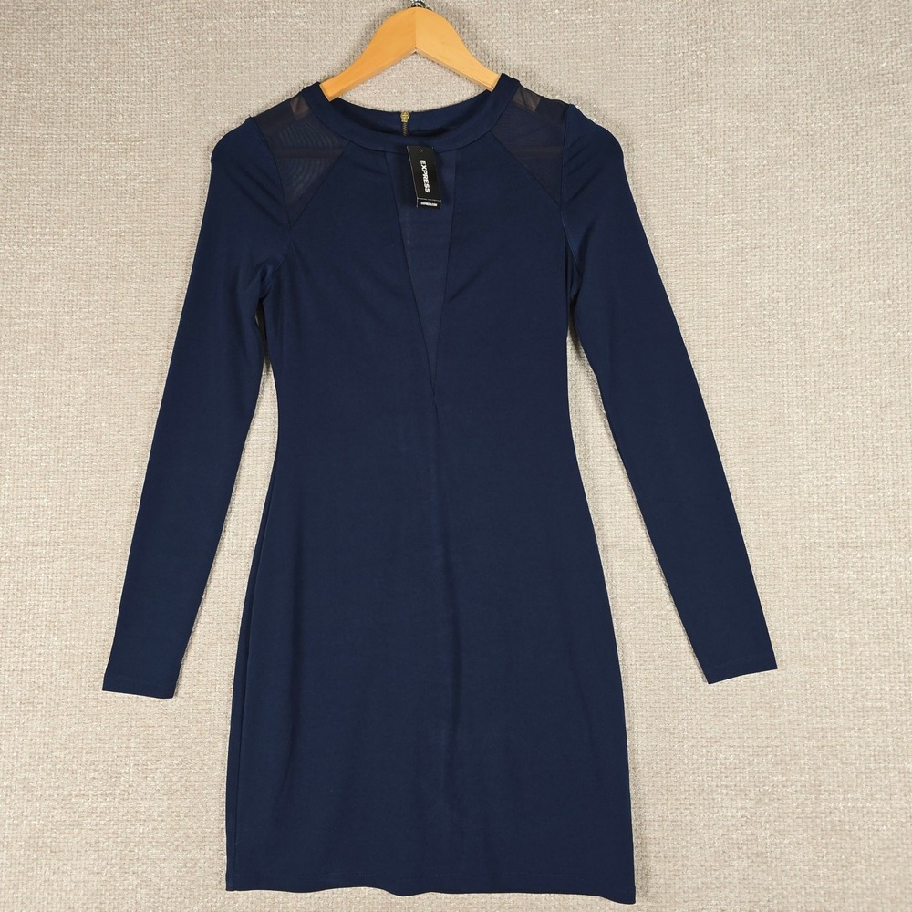 Express Navy Blue Mesh Panel Long Sleeve Bodycon Mini Dress XS 9386-787-001